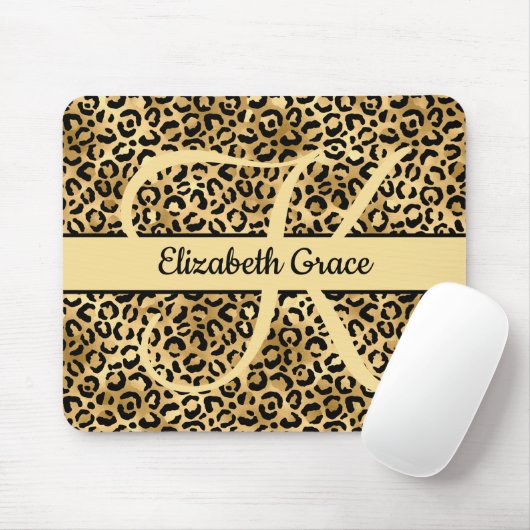 Monogramm Schwarz Gold Leopard Print Gepard Tier Mousepad (Mit Mouse)
