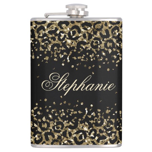 Monogramm Schwarz Gold Leopardendruck Glitter Tren Flachmann (Vorderseite)