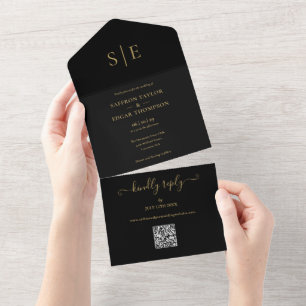 Monogramm-Schwarz-Gold-QR-Code-Hochzeit All In One Einladung