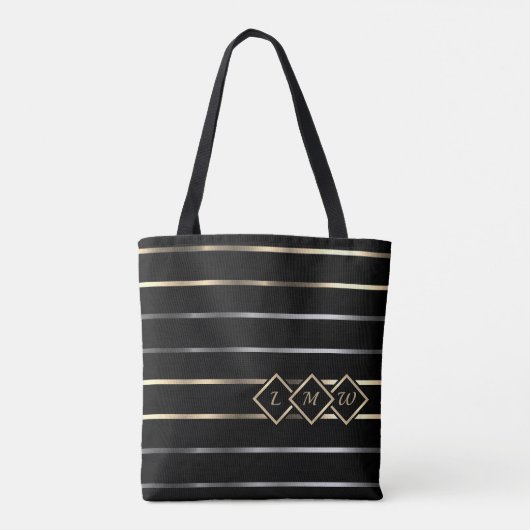 Monogramm - Schwarz, Gold, Silberstreifen Tasche (Rückseite)
