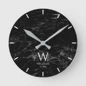Monogramm Schwarz Marmor Weiß Anfangsbuchstabe & B Runde Wanduhr (Vorderseite)