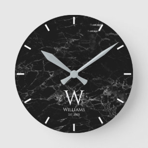 Monogramm Schwarz Marmor Weiß Anfangsbuchstabe & B Runde Wanduhr
