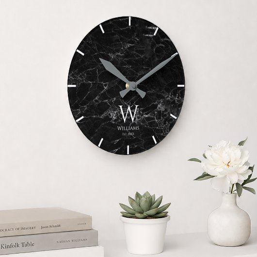 Monogramm Schwarz Marmor Weiß Anfangsbuchstabe & B Runde Wanduhr
