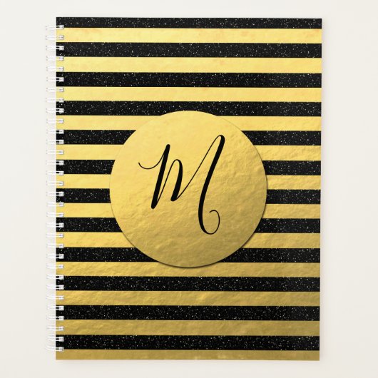 Monogramm Schwarz mit Imitaten Gold Foil Glitzer Planer (Vorderseite)