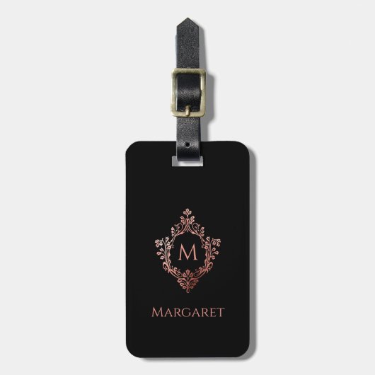 Monogramm Schwarz Rosa Initiale & Wappen Elegant V Gepäckanhänger (Vorderseite vertikal)