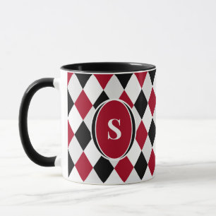 Monogramm schwarz-rotes Harlekin-Diamantmuster Tasse