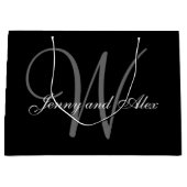 Monogramm schwarz-silberne Hochzeit Große Geschenktüte (Vorderseite)