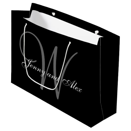 Monogramm schwarz-silberne Hochzeit Große Geschenktüte (Vorderseite Schrägansicht)