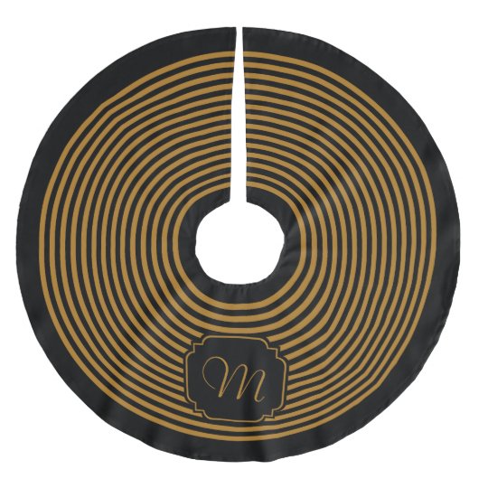 Monogramm Schwarz und Matte Gold gestreift Polyester Weihnachtsbaumdecke (Vorderseite)