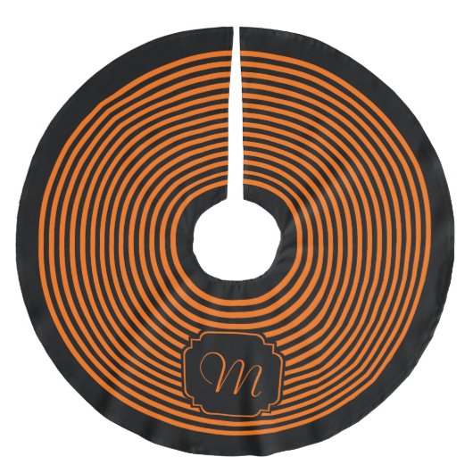 Monogramm Schwarz und Orange Streifen Polyester Weihnachtsbaumdecke (Vorderseite)