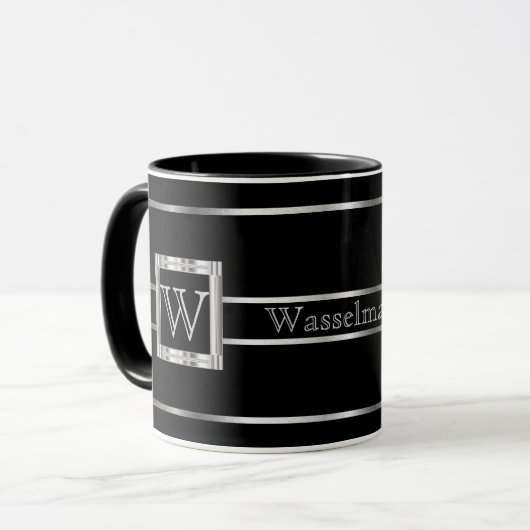 Monogramm Schwarz und Silber Tasse (Vorderseite Links)