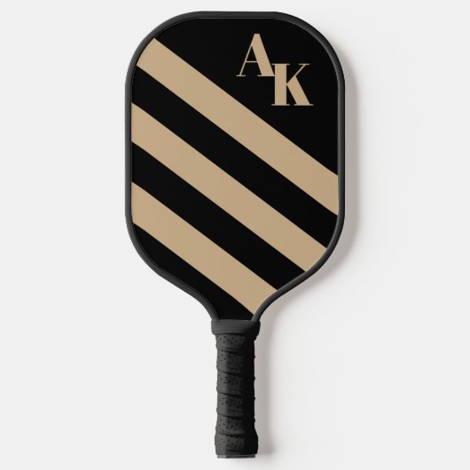Monogramm schwarz und Tan Streifen Pickleball Schläger (Vorderseite)