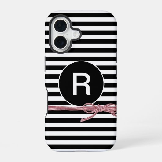 Monogramm Schwarz und Weiß Streifen mit String get iPhone 16 Hülle (Rückseite)