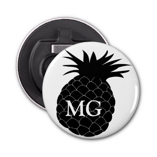 Monogramm Schwarz-Weiß-Ananas Flaschenöffner (Vorderseite)