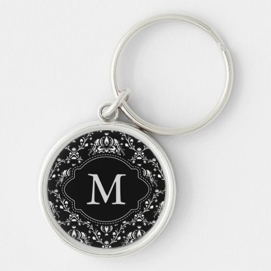 Monogramm Schwarz-Weiß-Damask Schlüsselanhänger (Vorne)
