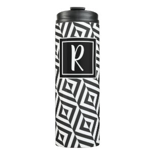 Monogramm Schwarz-Weiß-Diamantmuster Thermosbecher