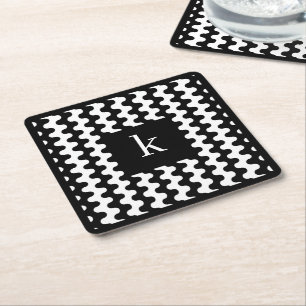 Monogramm Schwarz Weiß Fettes Wellenmuster Rechteckiger Pappuntersetzer