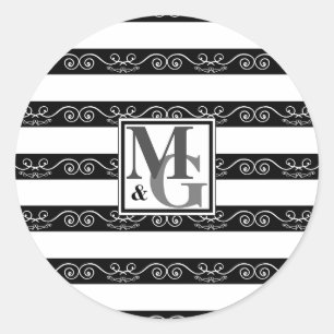 Monogramm Schwarz-weiß gestreift Runder Aufkleber