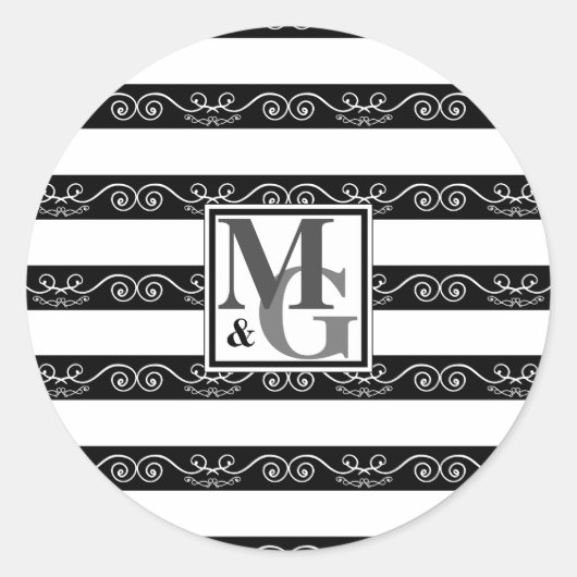 Monogramm Schwarz-weiß gestreift Runder Aufkleber (Vorderseite)