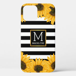 Monogramm Schwarz-weiß gestreifte Sonnenblume Gold Case-Mate iPhone Hülle