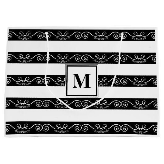 Monogramm Schwarz-weiß gestreiftes Design Große Geschenktüte (Vorderseite)
