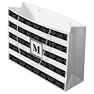 Monogramm Schwarz-weiß gestreiftes Design Große Geschenktüte