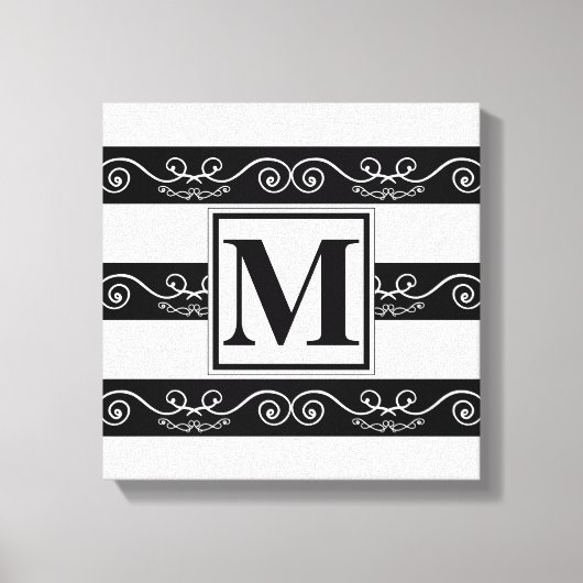 Monogramm Schwarz-weiß gestreiftes Design Leinwanddruck (Vorderseite)