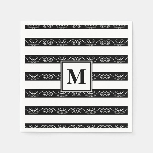 Monogramm Schwarz-weiß gestreiftes Design Serviette (Vorderseite)