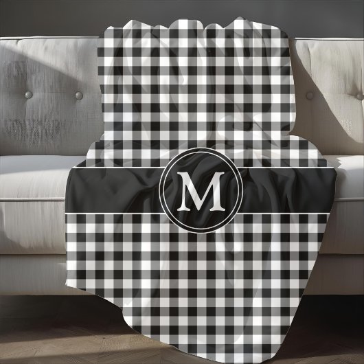 Monogramm Schwarz-Weiß-Gingham Fleecedecke
