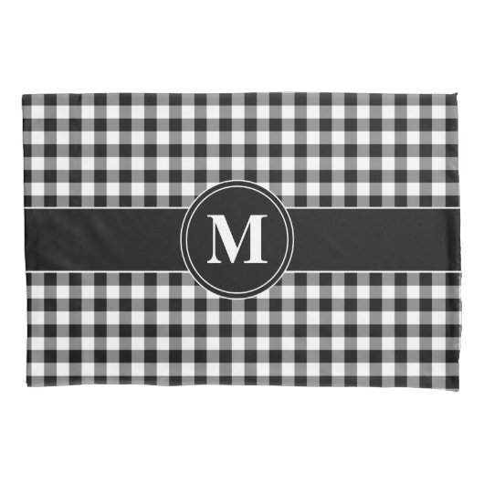 Monogramm Schwarz-Weiß-Gingham Kissenbezug (Vorderseite)