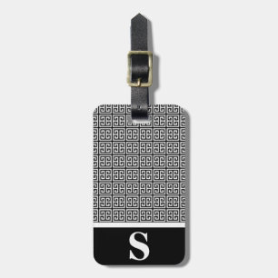 Monogramm-Schwarz-Weiß-Griechisches-Schlüssel-Fret Gepäckanhänger