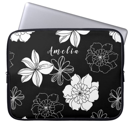 Monogramm Schwarz-Weiß-Muster Laptopschutzhülle (Vorderseite)