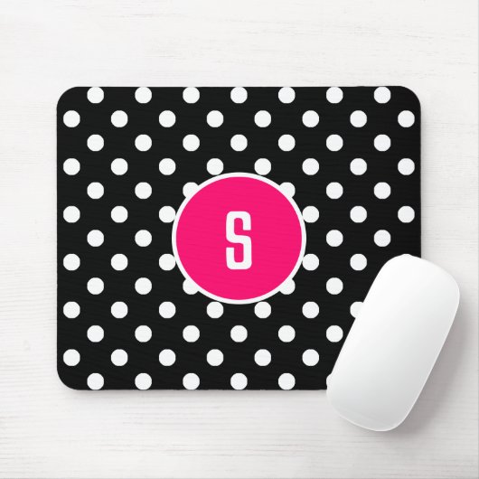 Monogramm Schwarz-weiß Polka Dot Muster Hot Pink Mousepad (Mit Mouse)