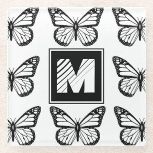 Monogramm-Schwarz-Weiß-Schmetterlingsmuster Glasuntersetzer