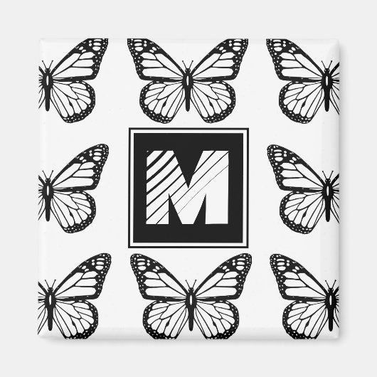 Monogramm-Schwarz-Weiß-Schmetterlingsmuster Magnet (Vorne)