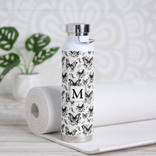 Monogramm Schwarz-Weiß-Schmetterlingsmuster Trinkflasche
