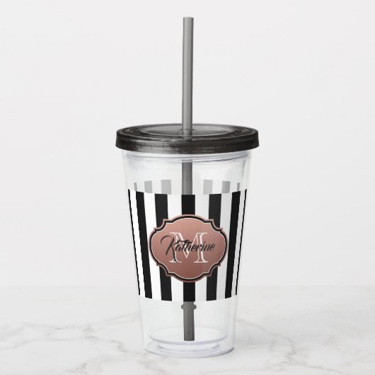 Monogramm Schwarz-Weiß-Streifen Acryltrinkbecher (Vorderseite)