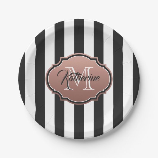 Monogramm Schwarz-Weiß-Streifen Pappteller (Vorderseite)