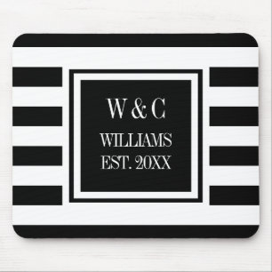 Monogramm Schwarz Weiß Streifen Personalisiert Mousepad
