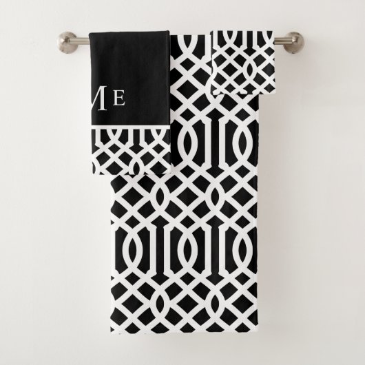 Monogramm Schwarz-Weiß-Trellis | Editierbare Farbe Badhandtuch Set (Insitu)