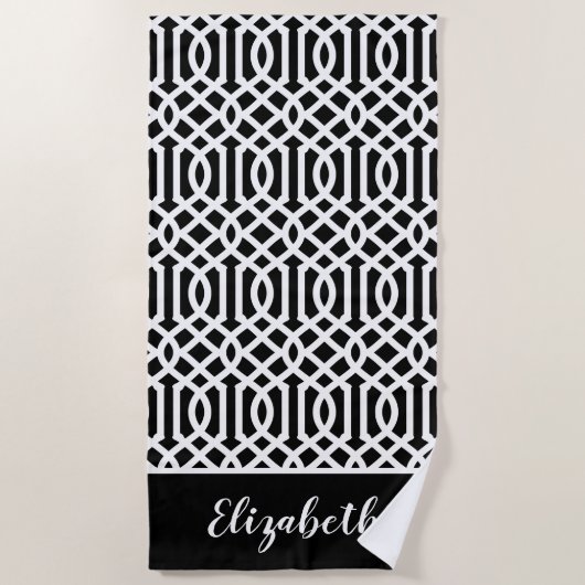 Monogramm Schwarz-Weiß-Trellis | Editierbare Farbe Strandtuch (Vorderseite)