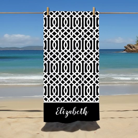 Monogramm Schwarz-Weiß-Trellis | Editierbare Farbe Strandtuch