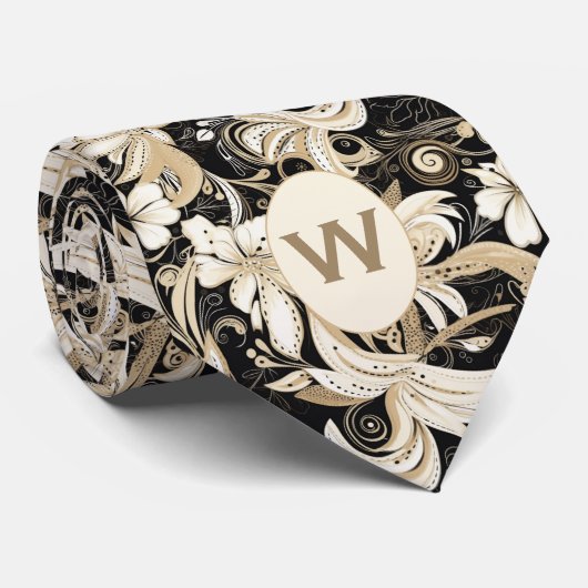 Monogramm Schwarz, Weiß und Taue Krawatte (Gerollt)