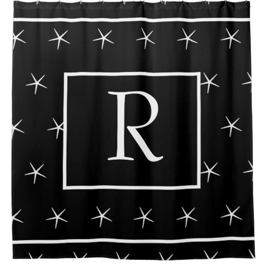 Monogramm Schwarz-weiße Streifen Starfish Muster Duschvorhang (Vorderseite)