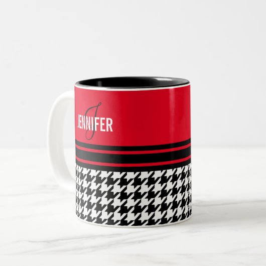 Monogramm Schwarz-weißer Hahnentrittmuster individ Zweifarbige Tasse (Vorderseite Links)