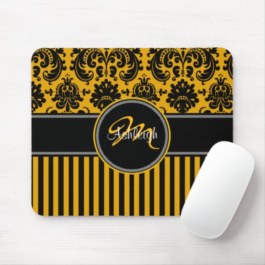 Monogramm Schwarz-weißer Streifen Damask Mousepad (Mit Mouse)