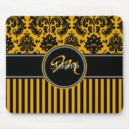 Monogramm Schwarz-weißer Streifen Damask Mousepad (Vorne)
