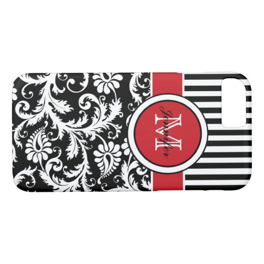 Monogramm Schwarz-weißer Streifen Damaskus Case-Mate iPhone Hülle (Rückseite (Horizontal))