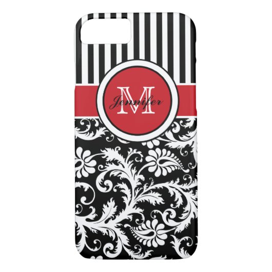 Monogramm Schwarz-weißer Streifen Damaskus Case-Mate iPhone Hülle (Rückseite)