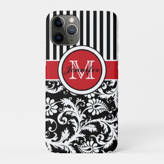 Monogramm Schwarz-weißer Streifen Damaskus Case-Mate iPhone Hülle (Rückseite)